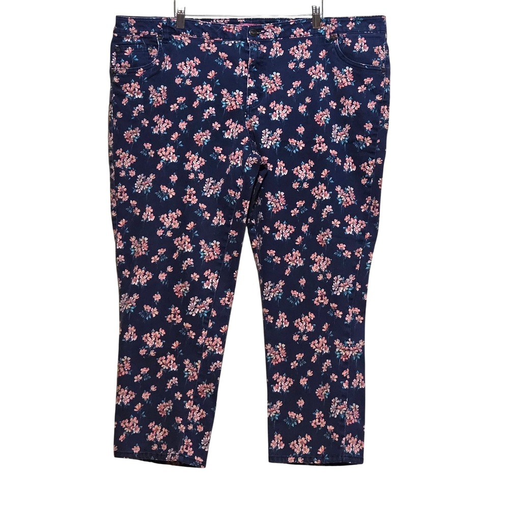 Woman Within, Floral Cropped Jeans, Navy Pink, Plus Size 22WP, Natural Fit